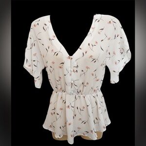 Sienna Sky- Floral V-Neck 4 Button Flutter Sleeve Blouse - Size SM